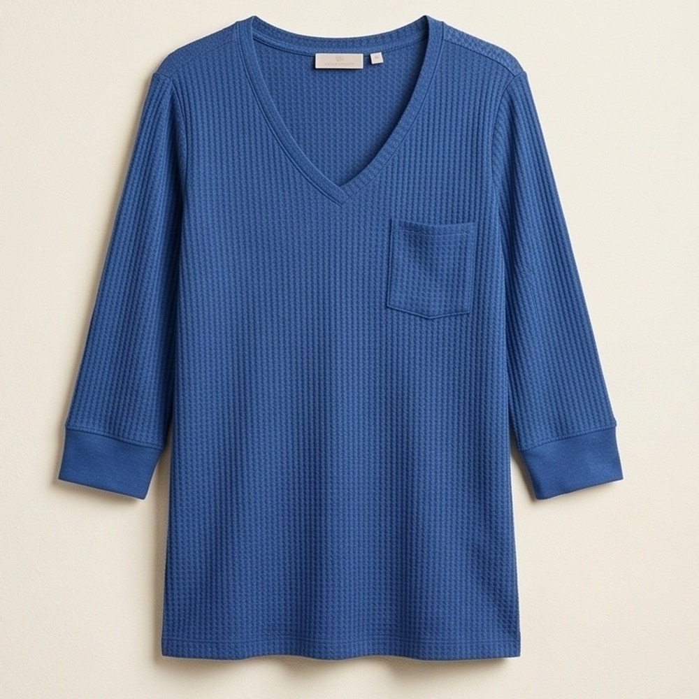 Belle Kim Gravel XL Blue Waffle Knit V Neck Long Sleeve Pocket Tunic Top NEW‎